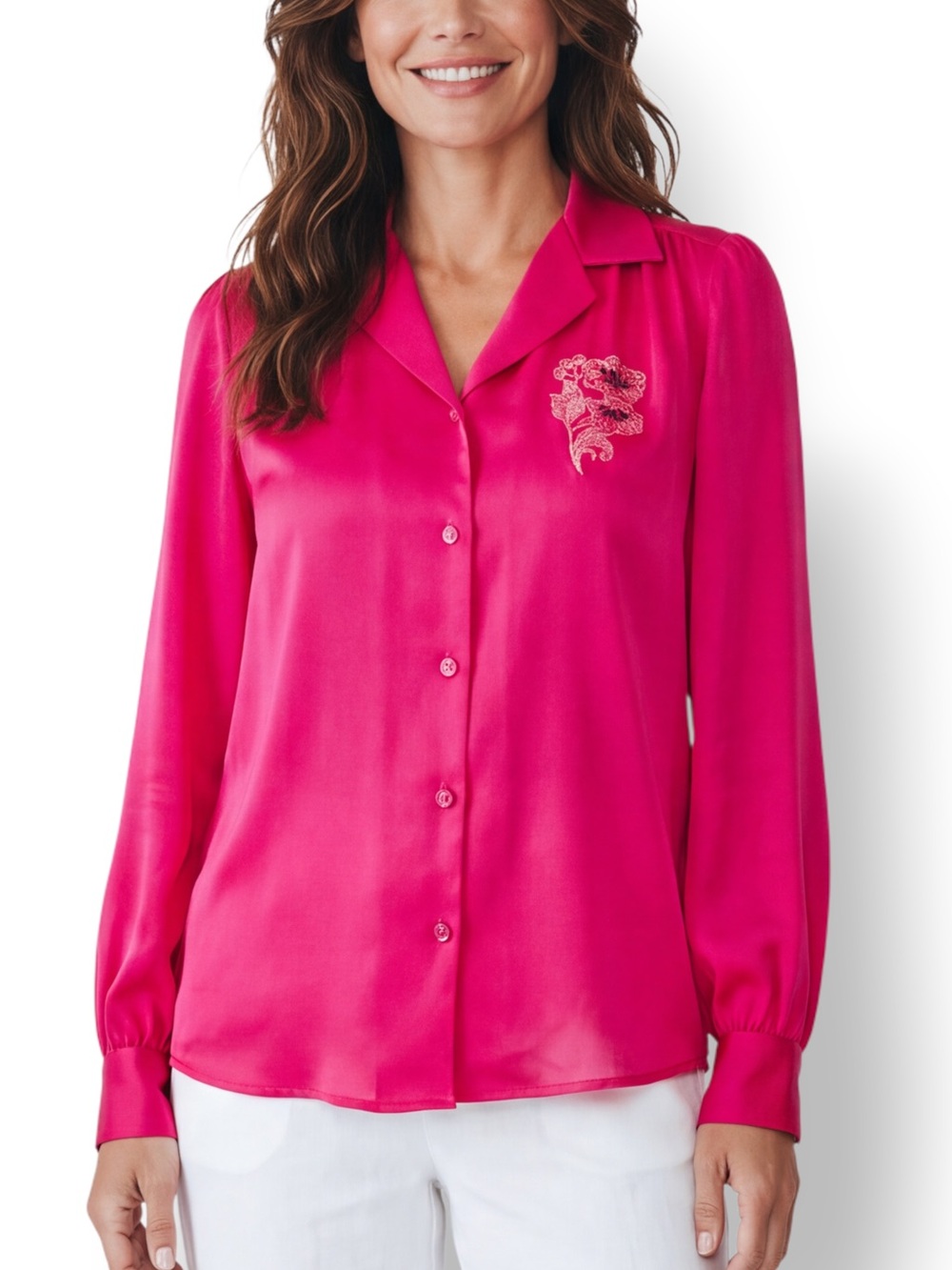 4/$20 Vintage Empire of California Fuchsia Embroidered Button-Front Blouse Top M